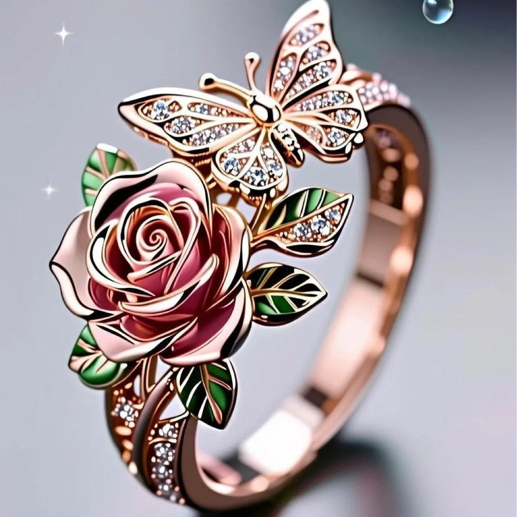 Colourful butterfly personality ring with oil drip finish and floral insect modelling on adjustable band