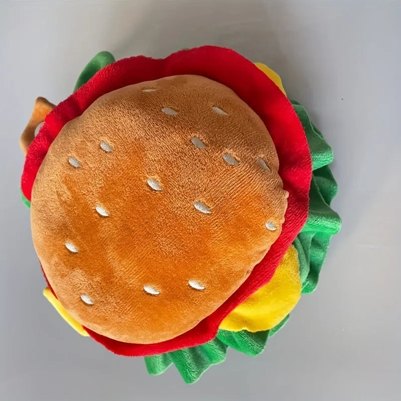 Yellow burger headdress for cats with fabric lettuce and cheese details on adjustable elastic band