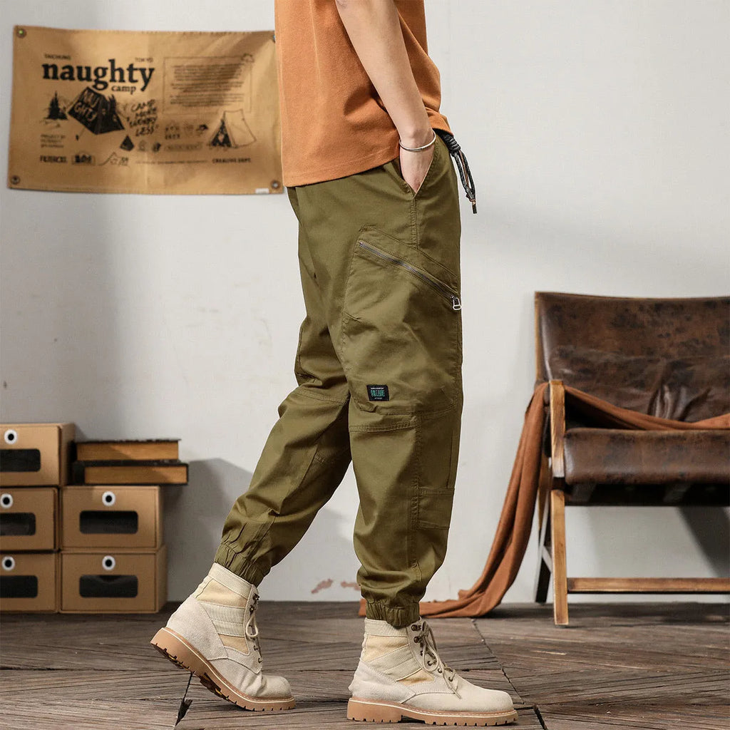 Men's cotton Korean style harem trousers with tapered legs in khaki colour