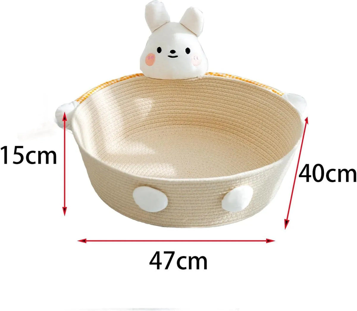Woven cotton rope cat bed basket with scratching board in rabbit pattern design