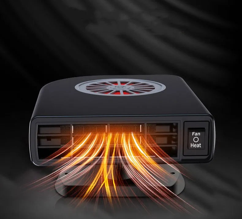 Black compact DC 12V car heater for defrosting and defogging with 360-degree rotation.