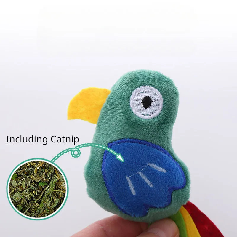 Cow-shaped plush cat toy with parrot design featuring soft fabric and cotton filling