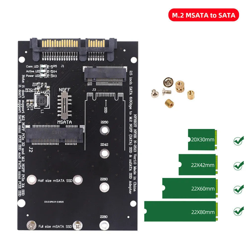 Black or blue SATA3 to M.2 NGFF MSATA SSD conversion card adapter with mounting holes for different SSD lengths