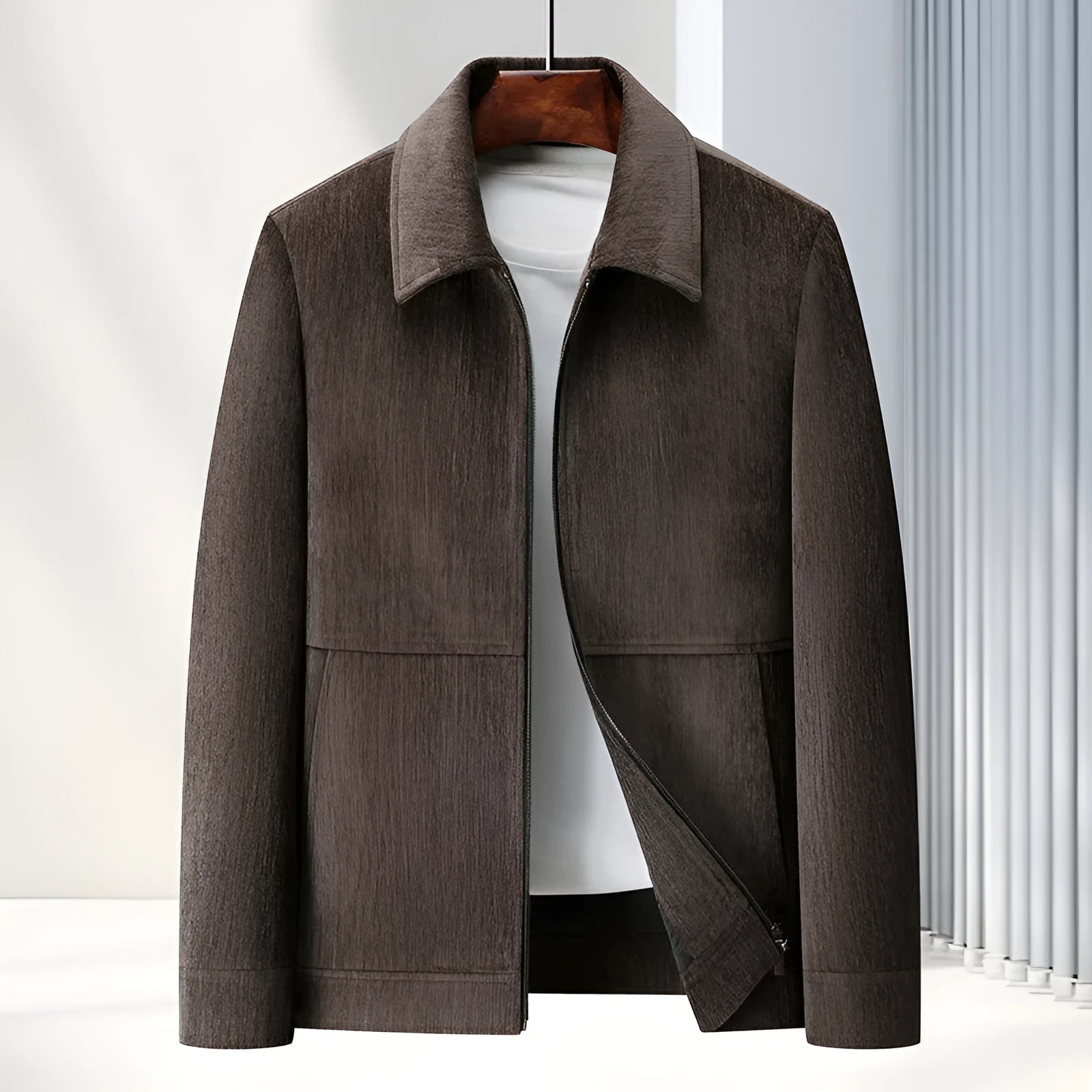 Men's slim fit lapel casual jacket in Vinylon fabric, shown in dark blue colour.