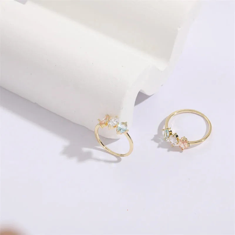 Geometric triangle women's ring with horse eye tricolour zircon stone in electroplated 14k gold colour