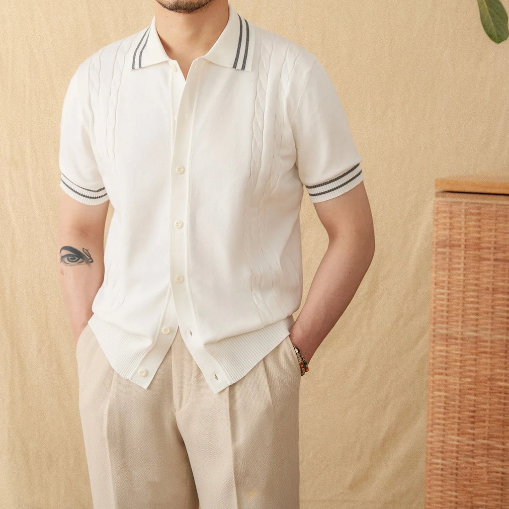 Men's short-sleeve lapel polo shirt in a thin cotton blend knit, shown in apricot, coffee, and white colours.