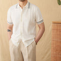 Men's short-sleeve lapel polo shirt in a thin cotton blend knit, shown in apricot, coffee, and white colours.