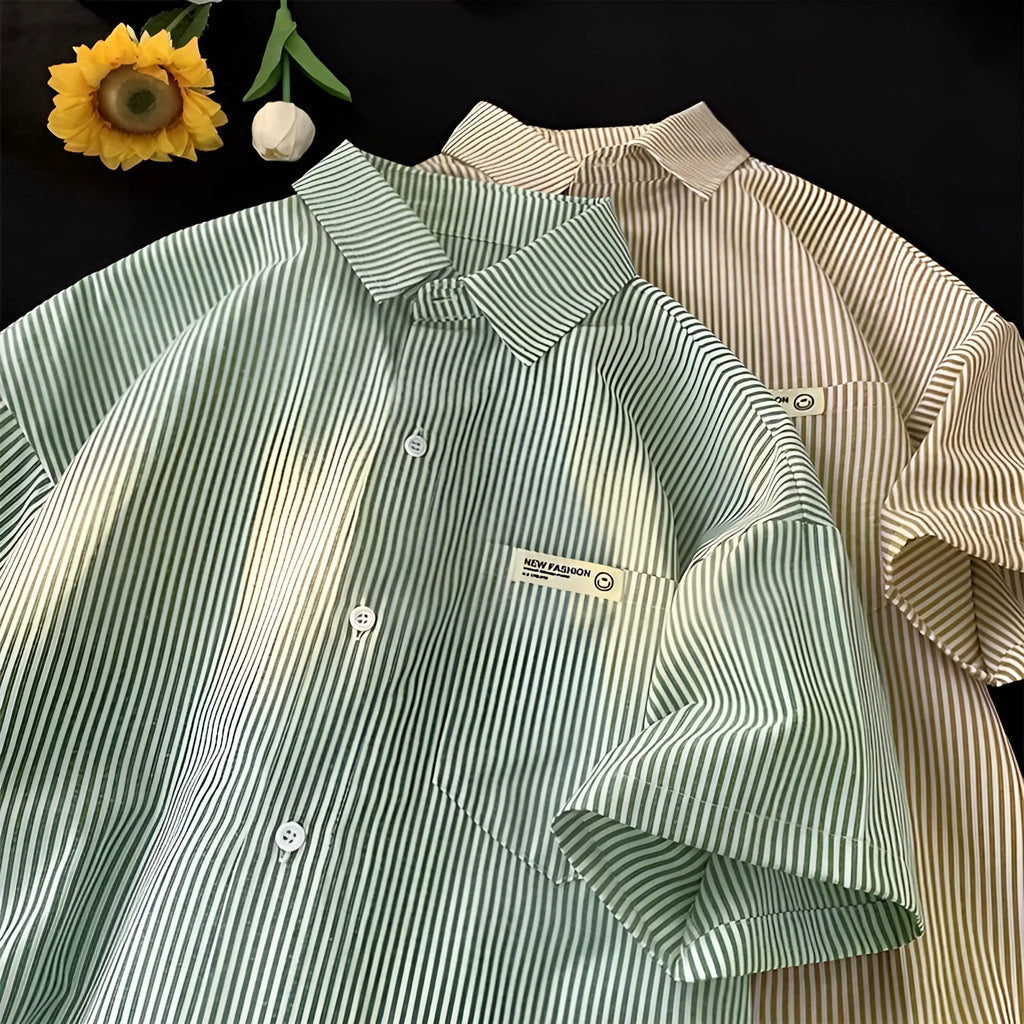 Blue and green striped plus size women's shirt with half sleeves in loose cardigan style