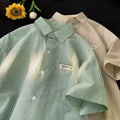 Blue and green striped plus size women's shirt with half sleeves in loose cardigan style
