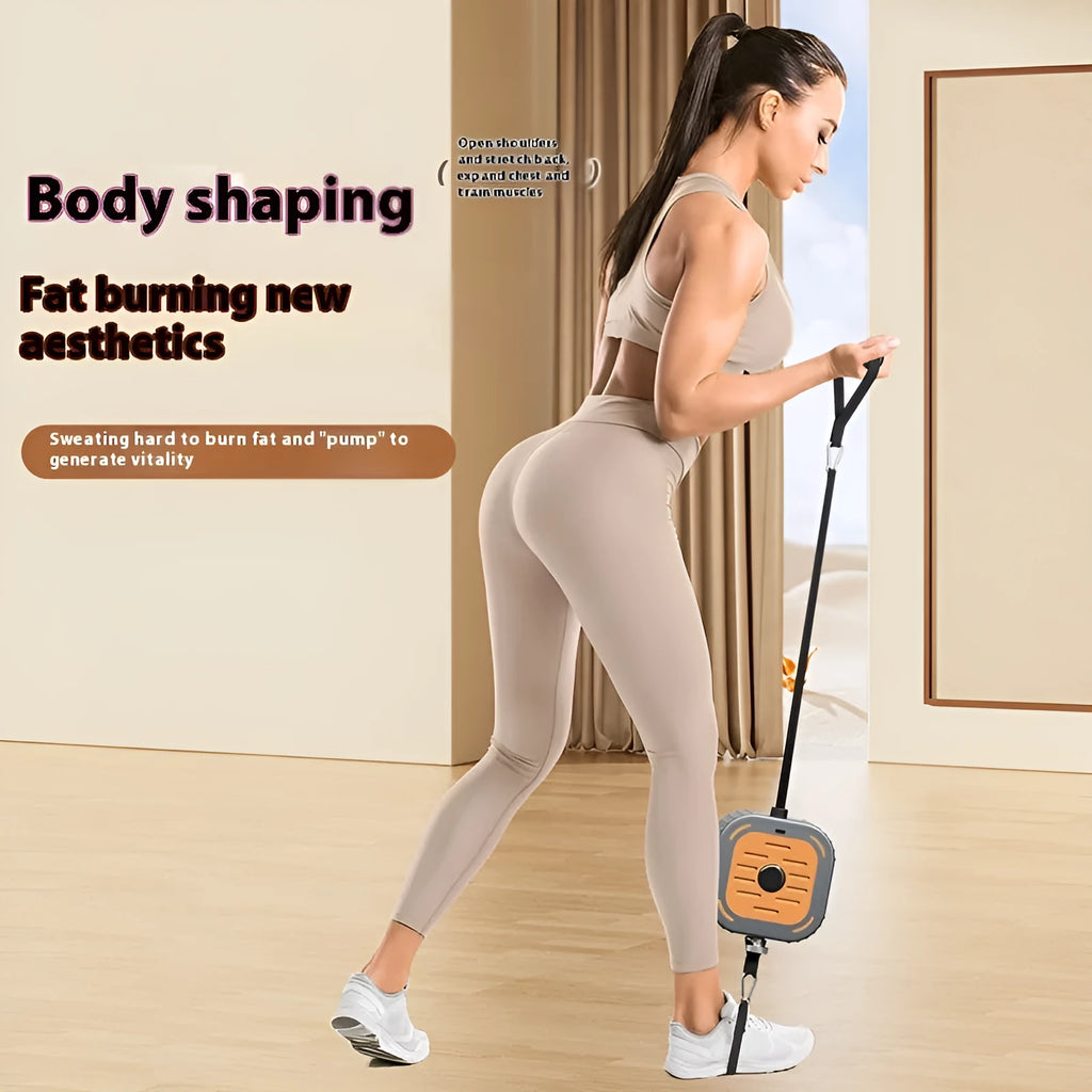 Adjustable power pump chest expander fitness equipment in vibrant orange colour on a grey background.