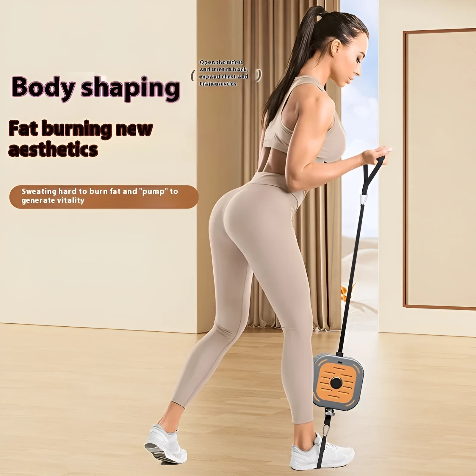 Adjustable power pump chest expander fitness equipment in vibrant orange colour on a grey background.