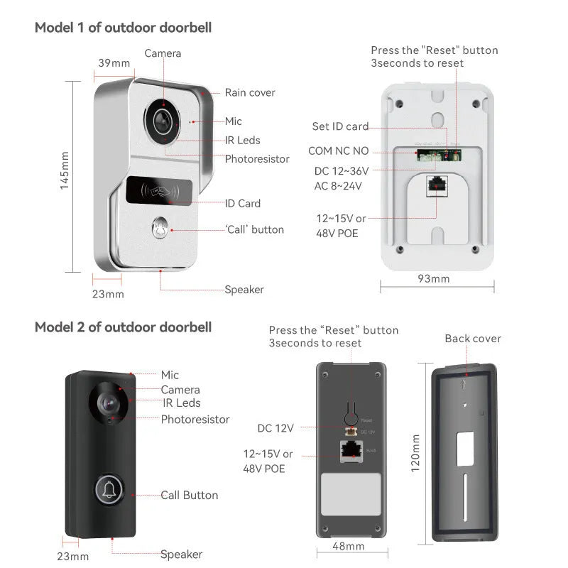 Wireless network video intercom doorbell with colour HD camera and 10-inch display unit