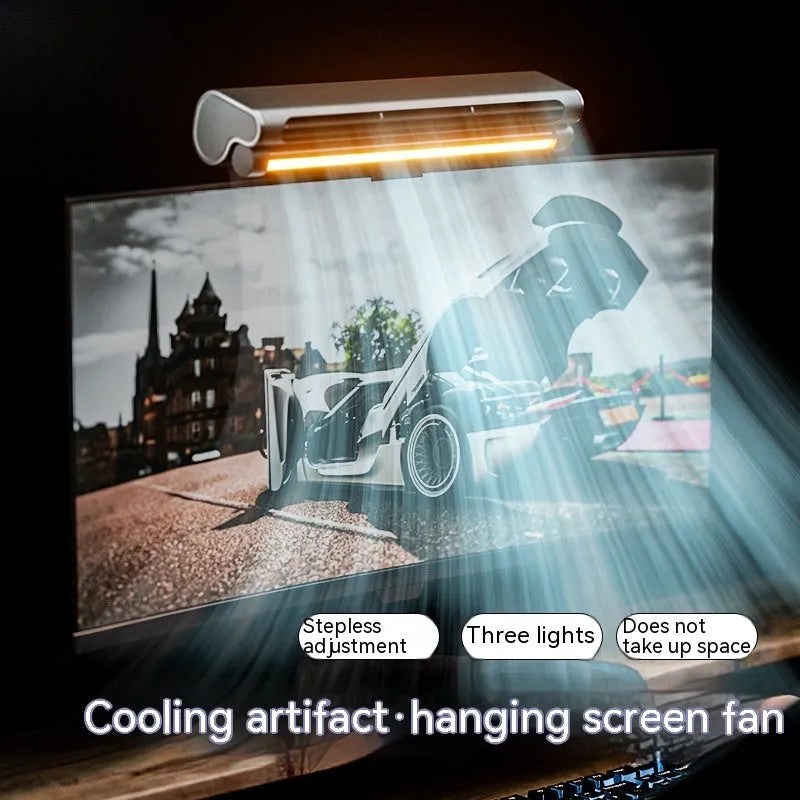 Black USB-powered bladeless clip-on fan with LED light attached to laptop screen