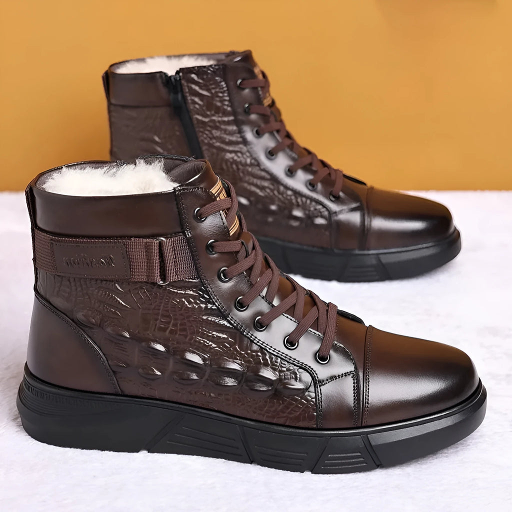 Genuine leather lace-up winter boots with fur lining in black or brown velvet style