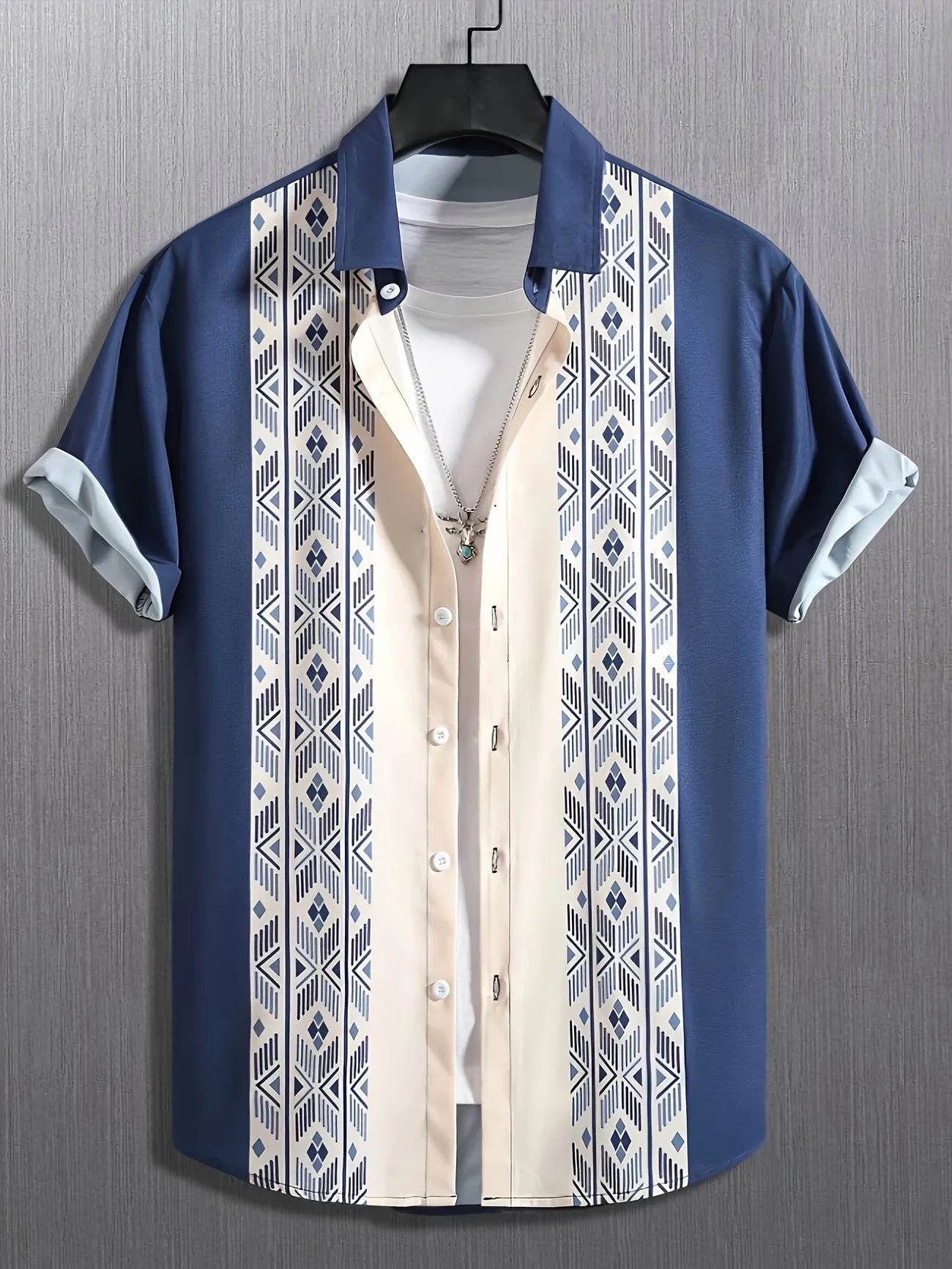 Men's plaid short-sleeved summer shirt in polyester with elastic band fabric