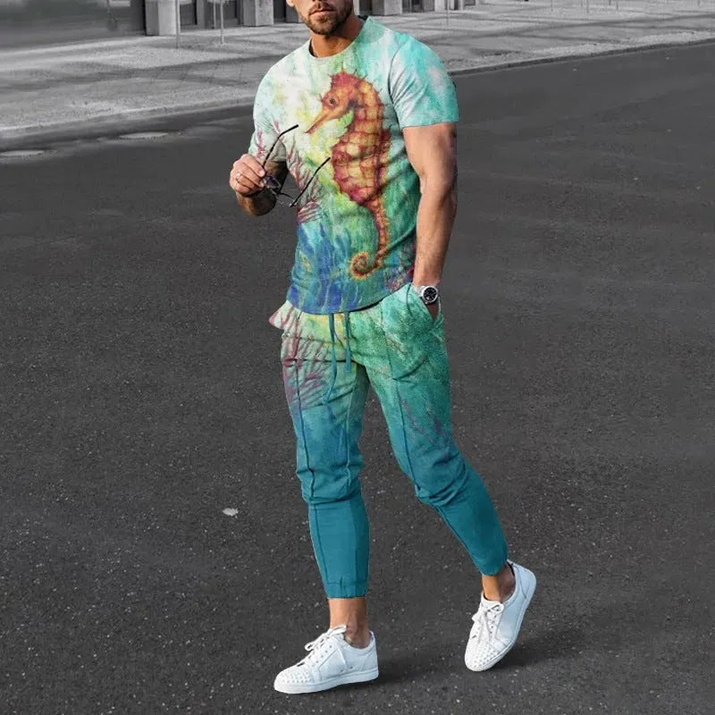 Men's short-sleeved sports top and trousers set with printed design in chemical fibre blend fabric