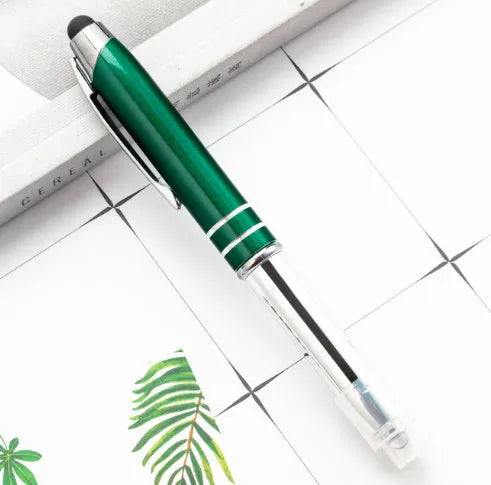 Red metal multifunctional stylus ballpoint pen with LED light and capacitive tip.