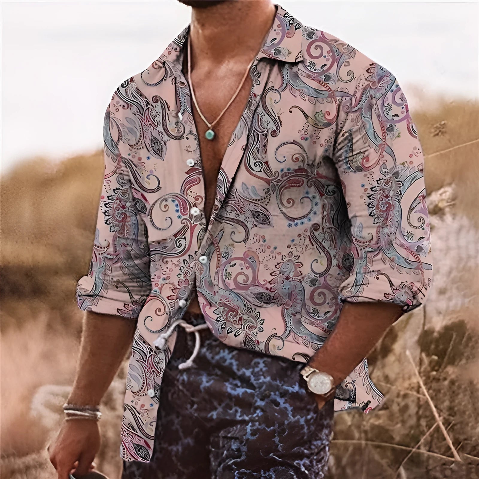 Men's loose fit long sleeve shirt with a colourful 3D floral pattern print on polyester fabric