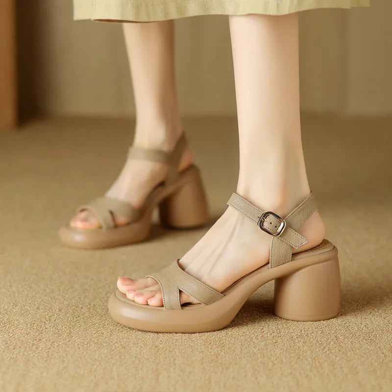 Women's open toe platform sandals in apricot colour with round head toe holder