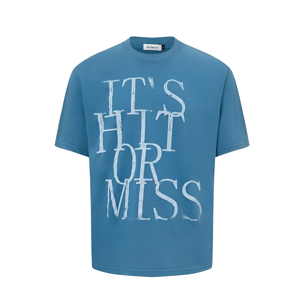 Men's blue American retro letter print loose t-shirt on a hanger.