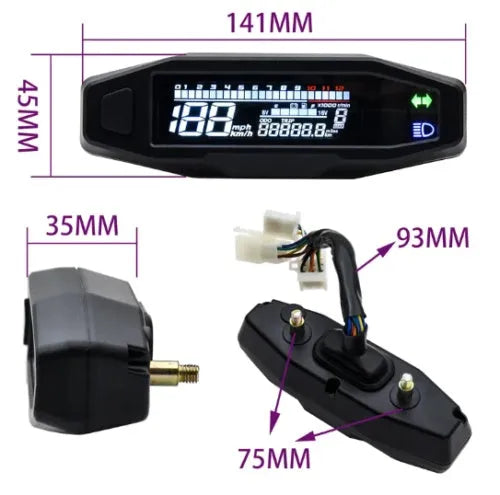 Black mini motorcycle speedometer LCD unit showing fuel gauge and display.