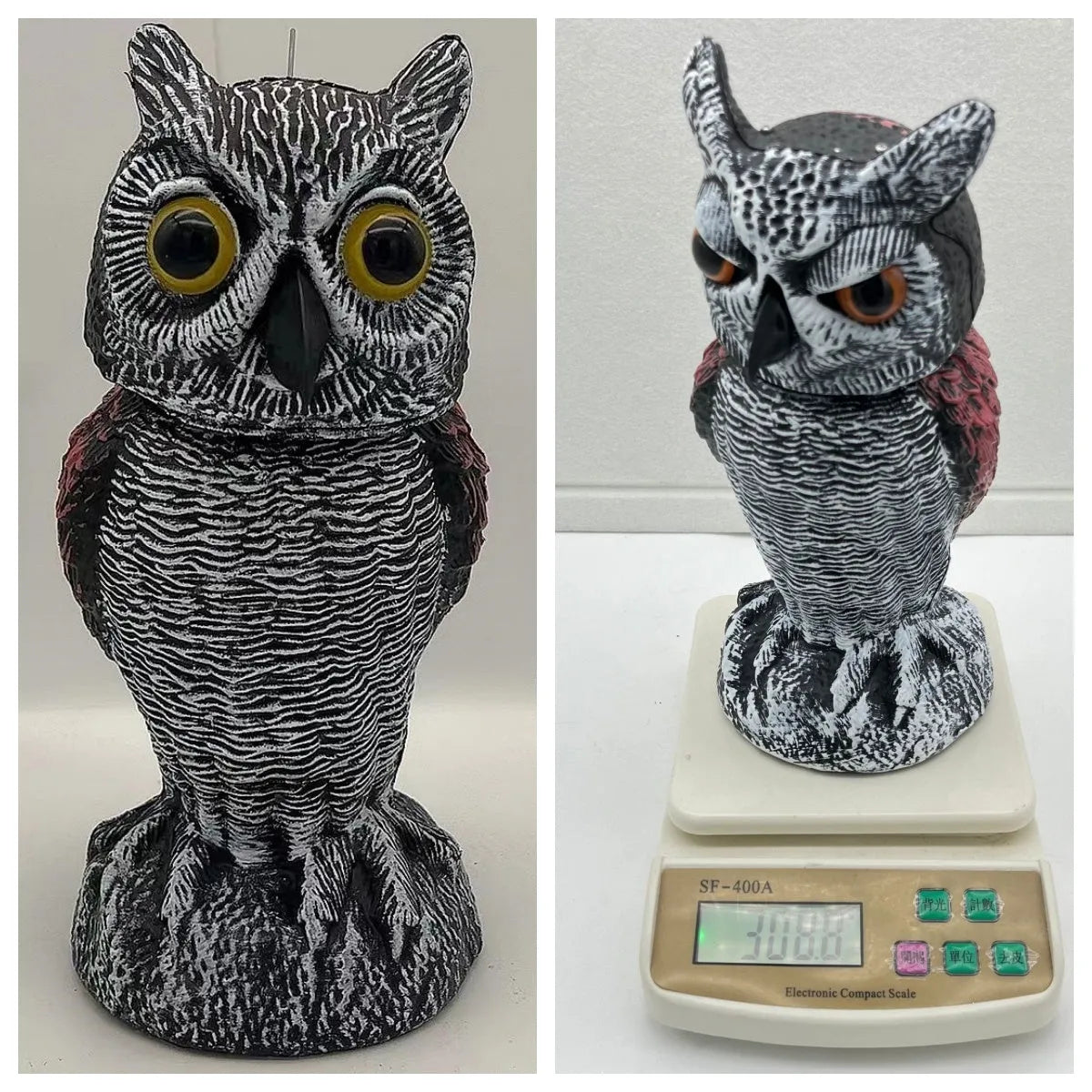 Realistic plastic artificial owl bird deterrent ornament with shaking head, for outdoor use.