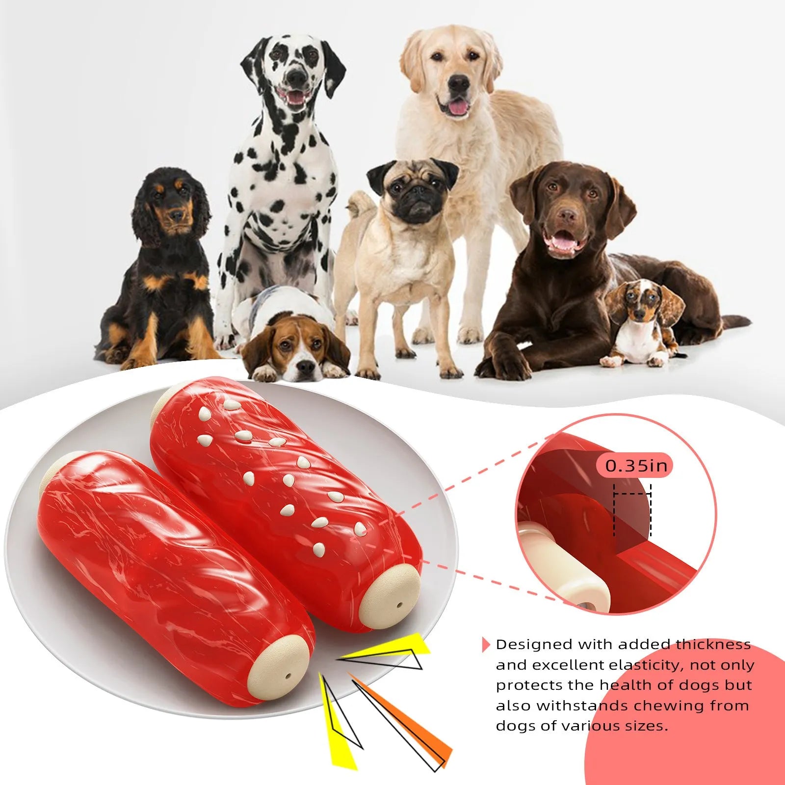 Plastic molar rod dog chew toy with glue toothbrush design and hollow treat compartment in primary colours