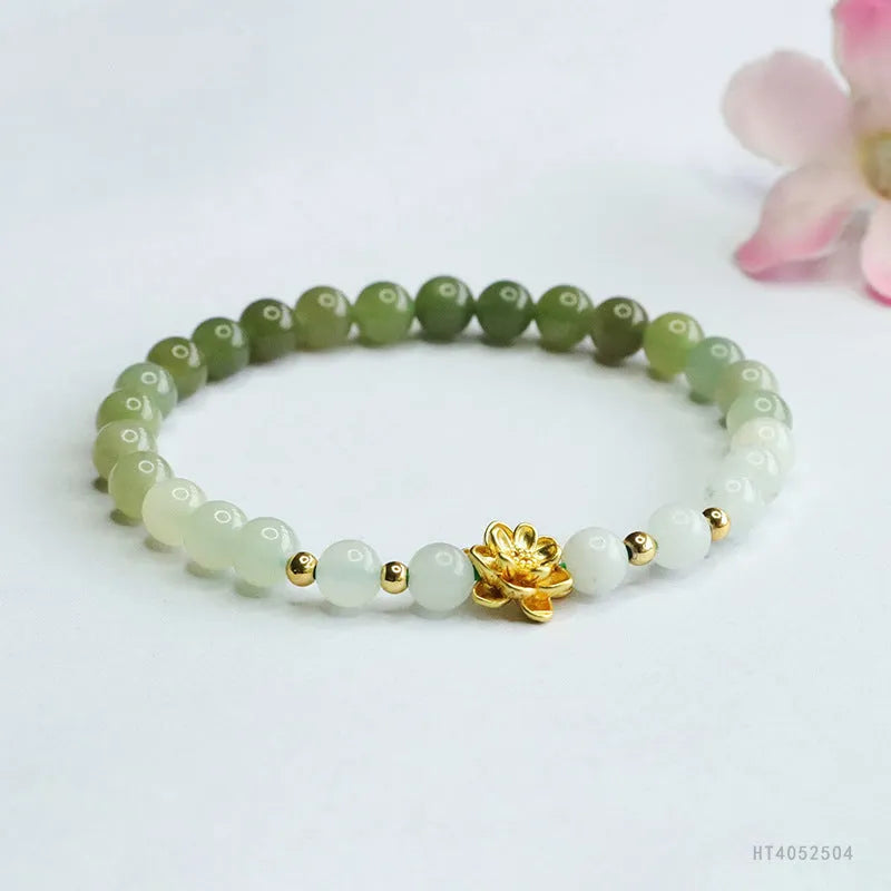 Hand-woven Hetian jade bracelet with sunshine water gradient colour and floral design.