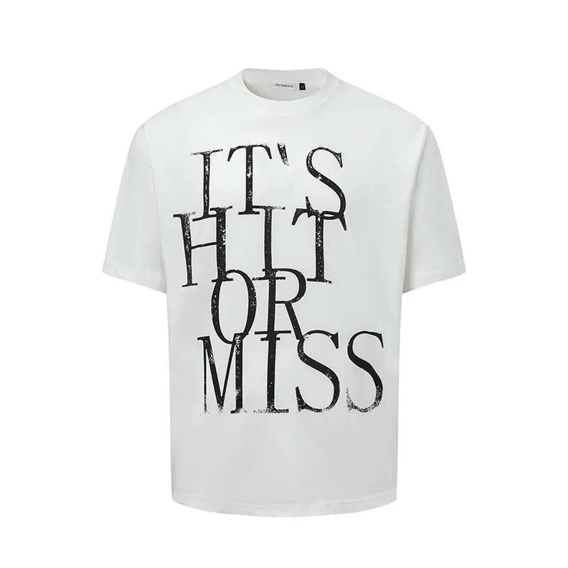 Men's blue American retro letter print loose t-shirt on a hanger.