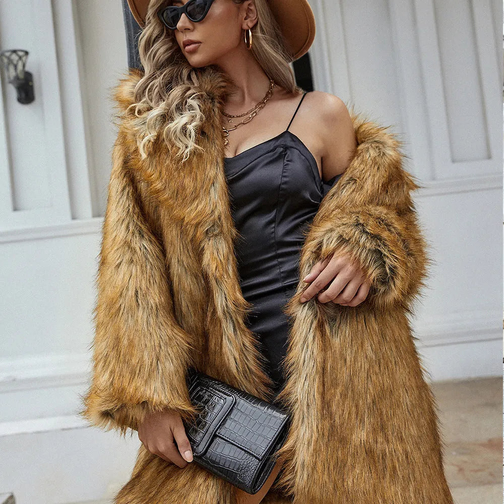 Yellow women's artificial fur coat with loose fit and regular sleeves, 80cm length