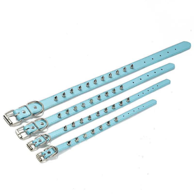 Studded dog collar with metal spikes on thickened PU leather strap in multiple colour options.