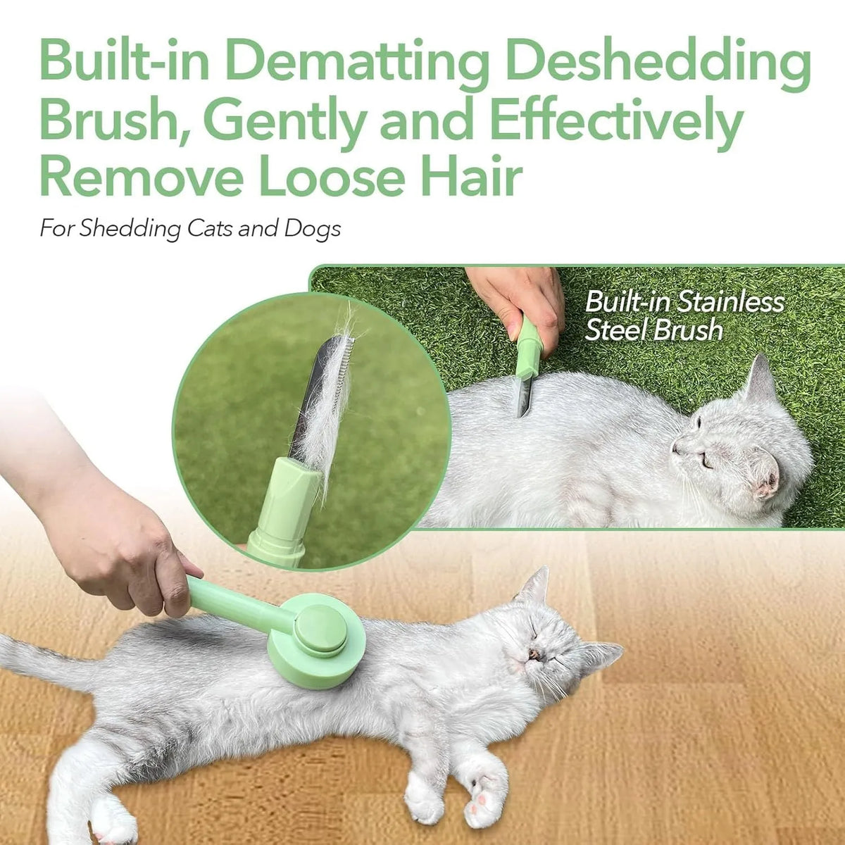 Green and yellow 2-in-1 pet grooming brush with stainless steel teeth for deshedding cats and dogs