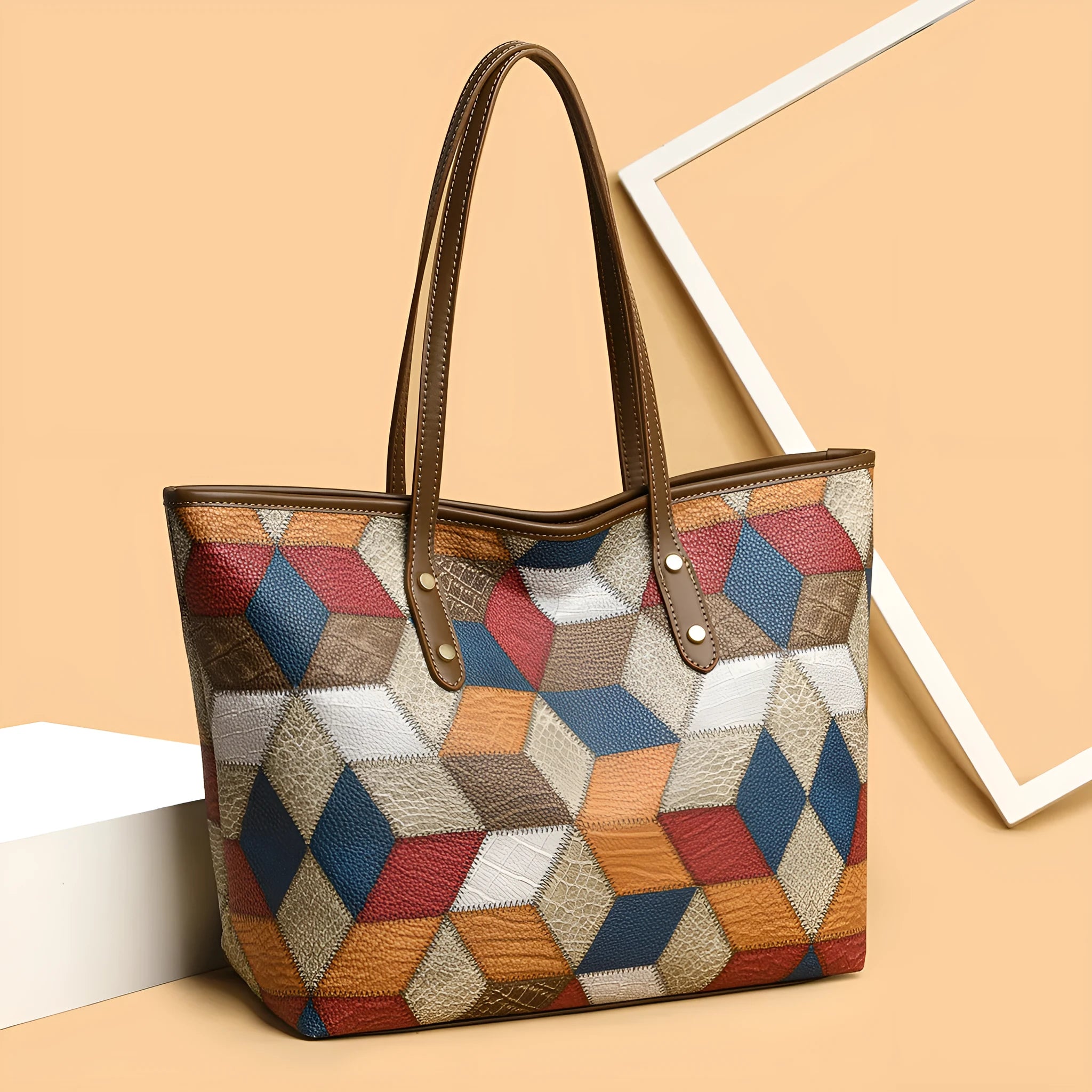 Blue brown women's PVC shoulder handbag with large capacity and outer pockets.
