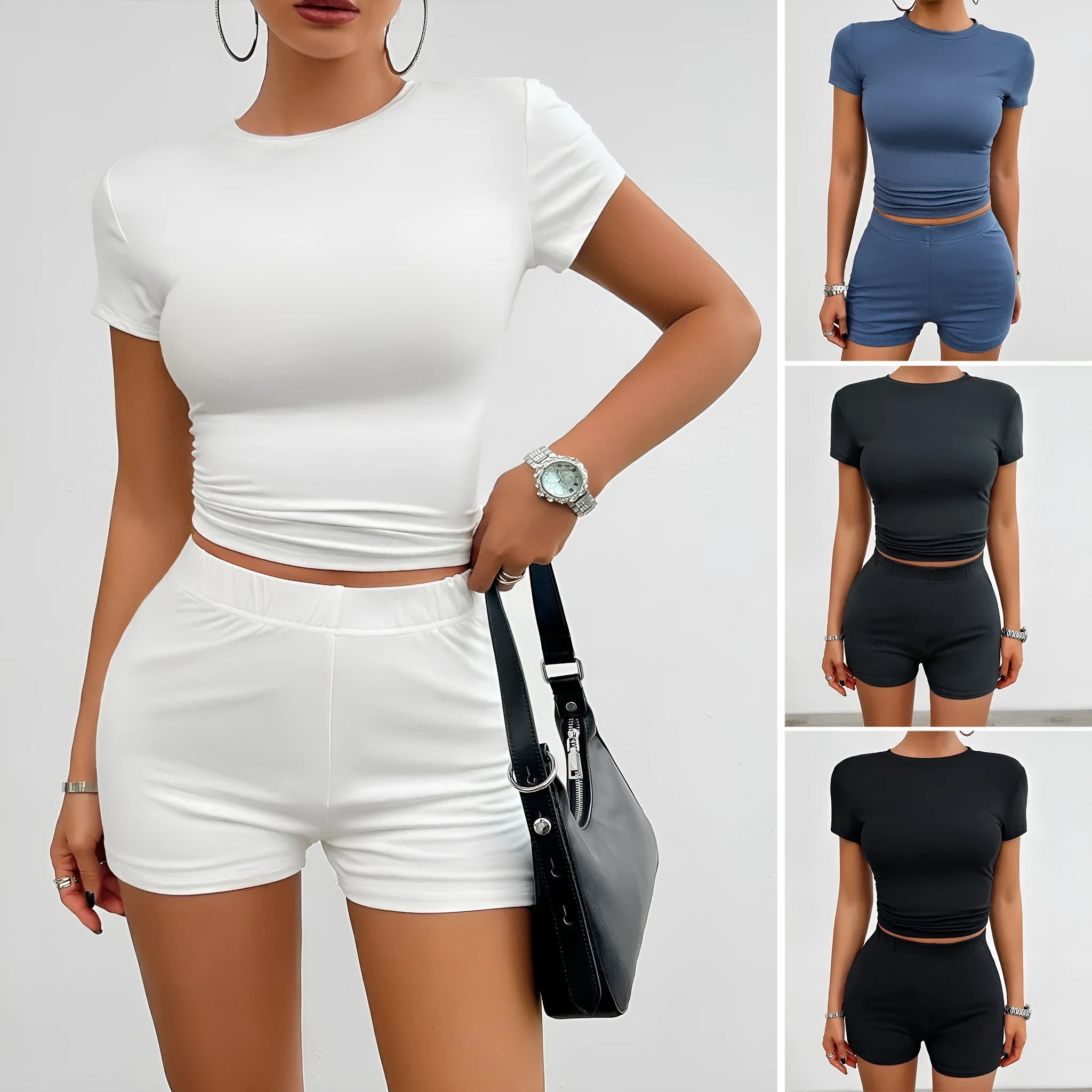 Women's solid colour viscose sports suit with short sleeve t-shirt and elastic shorts in four colour options