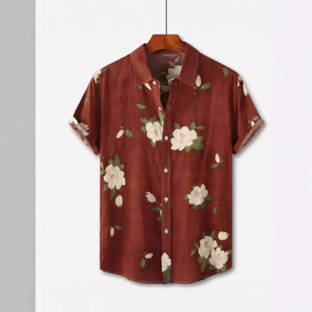 Floral Hawaiian print short sleeve shirt with lapel collar on a hanger
