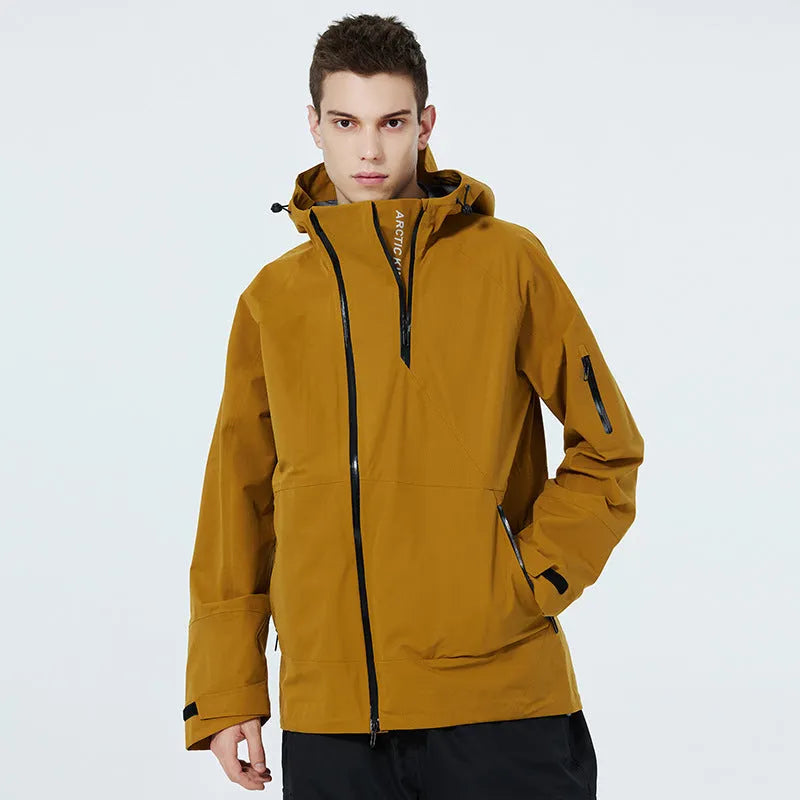 Unisex thin double-plate ski suit in yellow, shown on a model, for waterproof windproof snow sports.