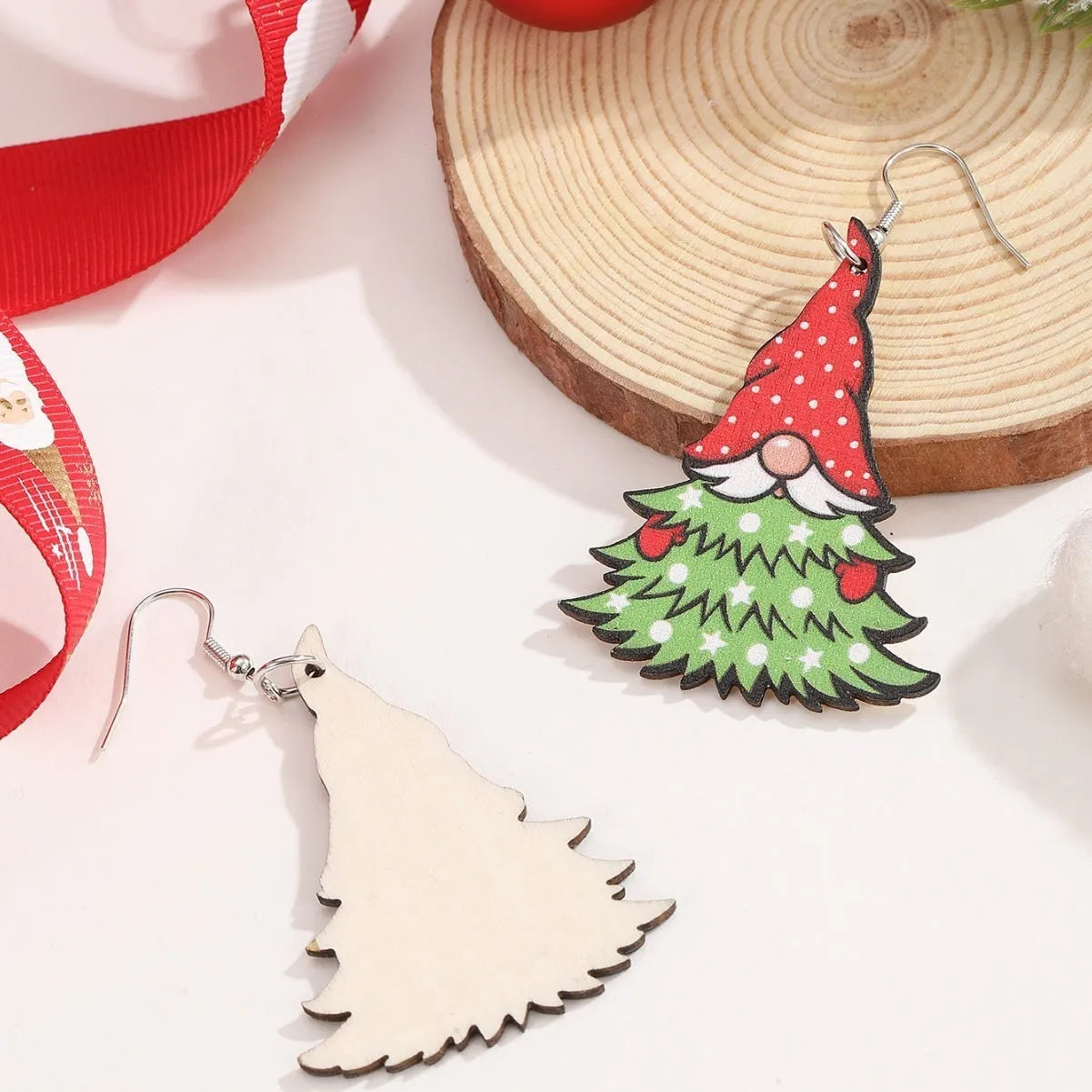Women's geometric wooden Christmas earrings with printed tree and snowman designs