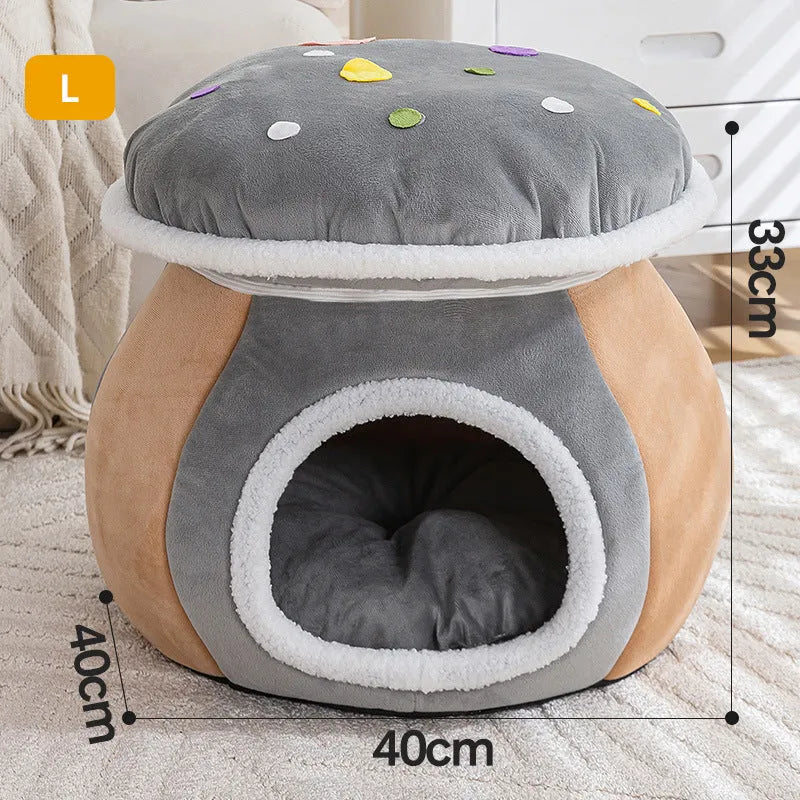 Mushroom-shaped plush cat bed in grey, pink, or purple colours with thermal construction