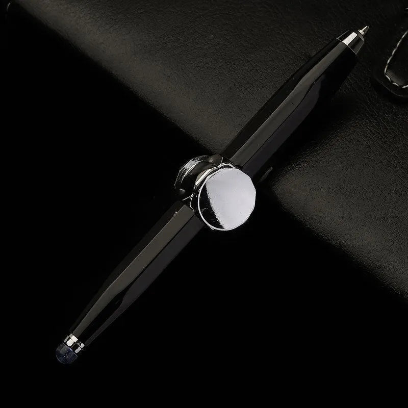 Metal ballpoint pen with integrated LED gyro spinner showing colour-changing lights during spinning