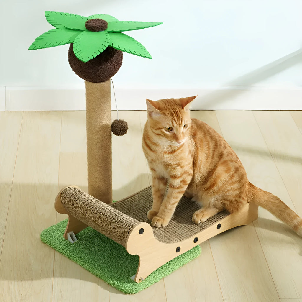 Wooden beach chair style cat nest with integrated scratch board for cats