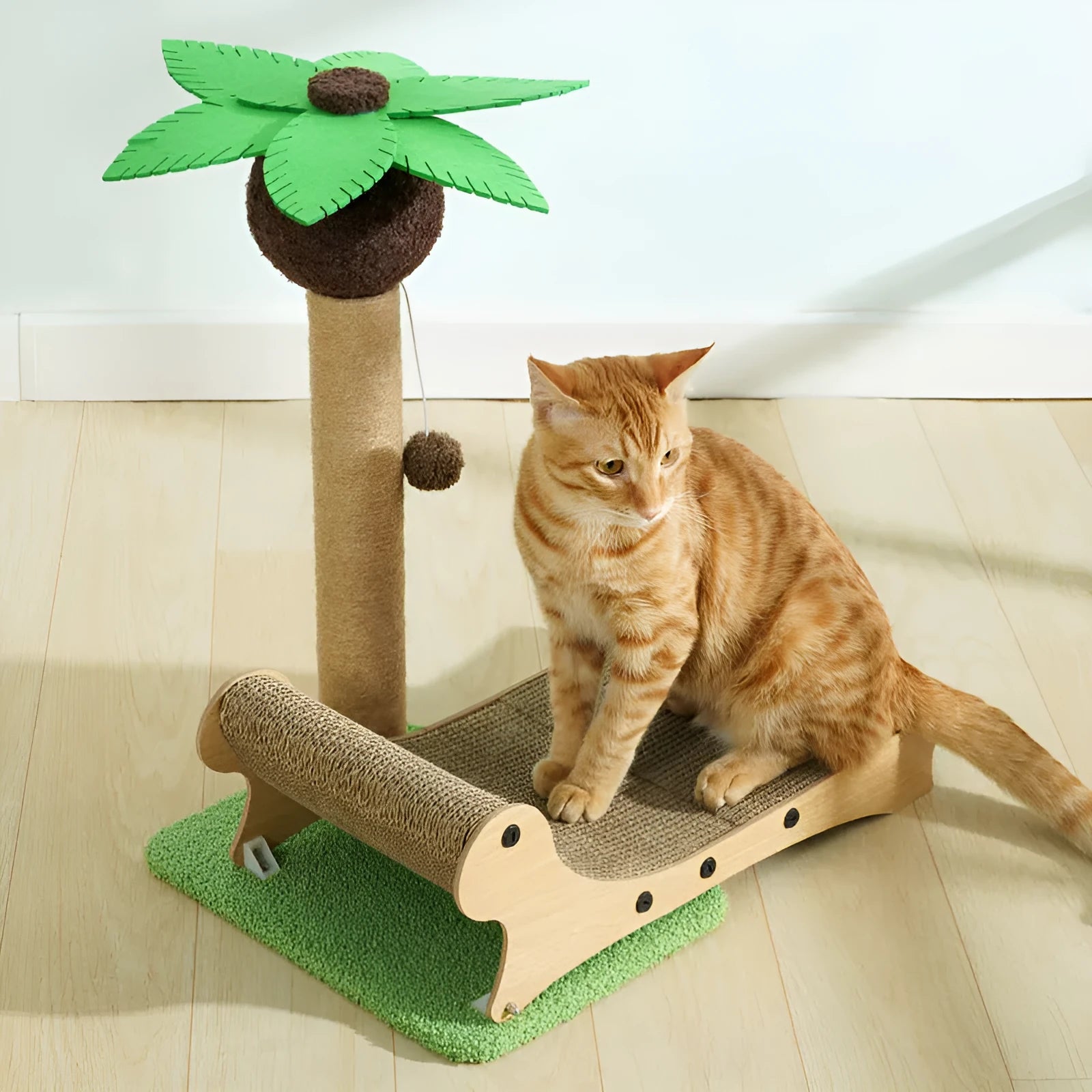 Wooden beach chair style cat nest with integrated scratch board for cats