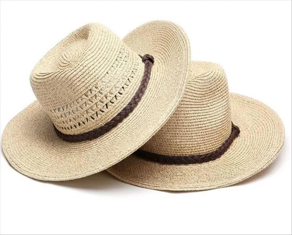 Men's foldable straw sun hat with wide brim shown in natural beige colour