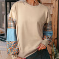 Women's plaid stitching long-sleeved pullover top in apricot and red colours