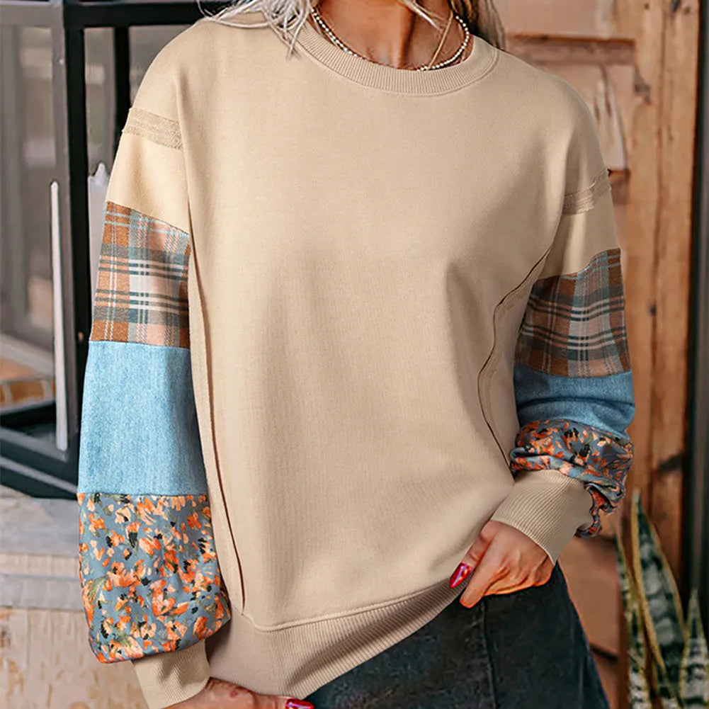 Women's plaid stitching long-sleeved pullover top in apricot and red colours