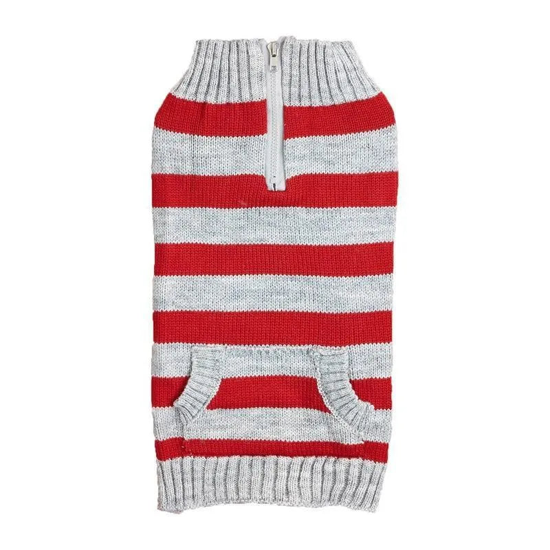 Grey dog jumper with horizontal zipper and side button pocket on small breed dog