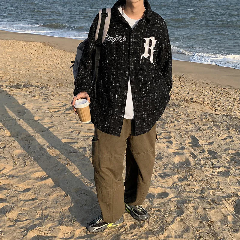 Long sleeve plaid shirt with embroidered letter detail, white or black, sizes S to XXL for men and women