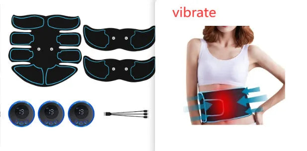 Abdominal muscle patch massager with six-pack electrodes and digital display charging unit