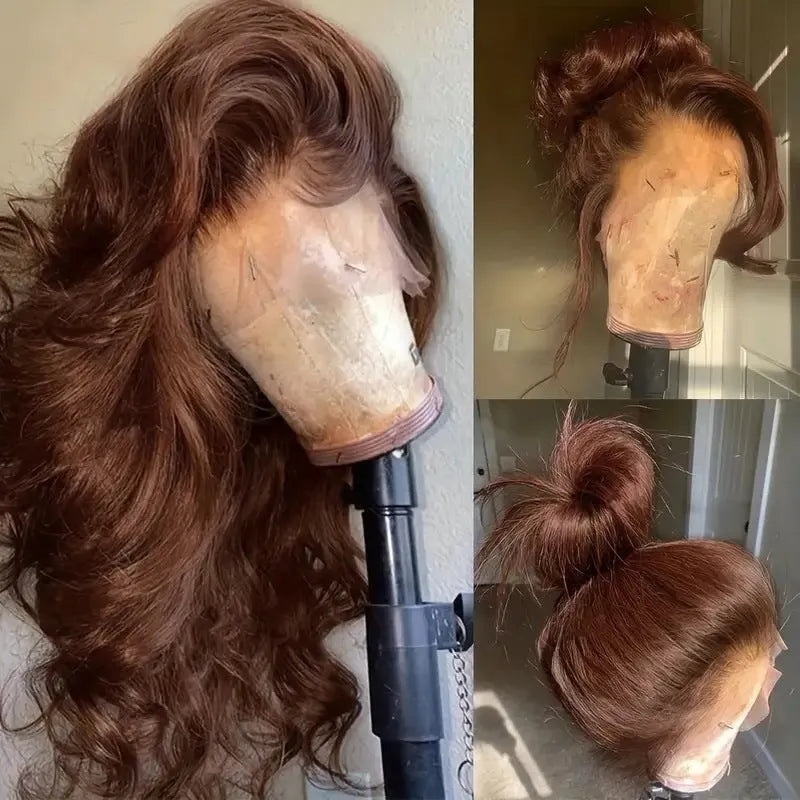 Women's front lace wig with long curly hair and side bangs in LY082 dark brown colour on display