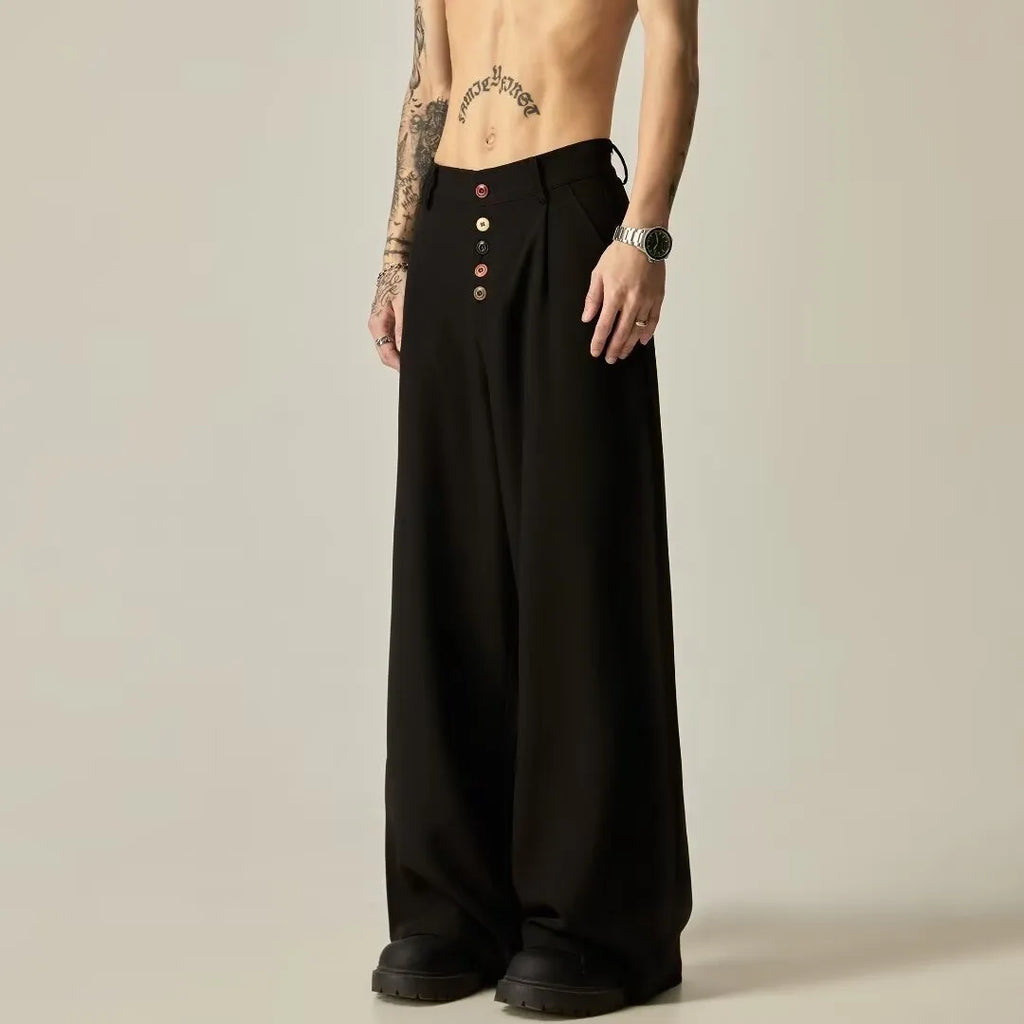 Men's solid colour polyester casual trousers with wide-leg design and elastic mid waist