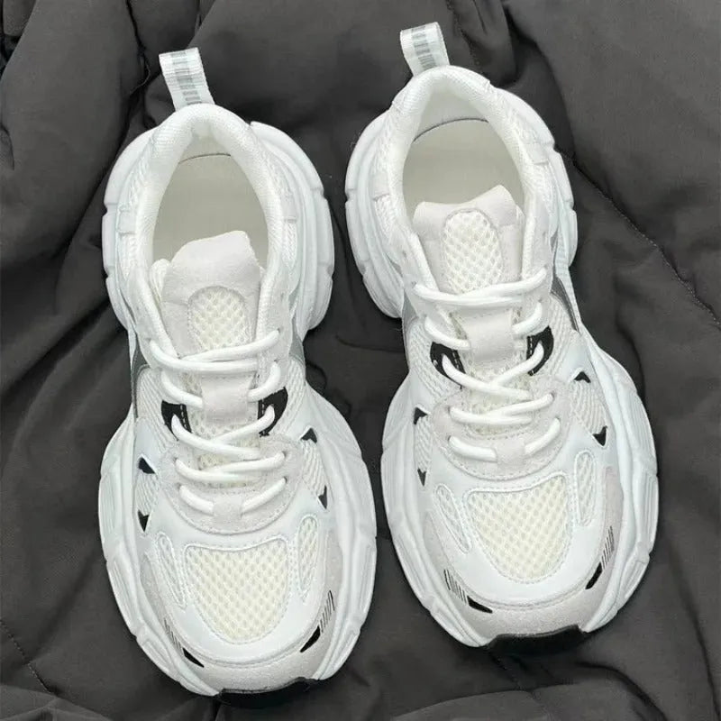Beige mesh platform sports shoes with wedge heel and lace-up front